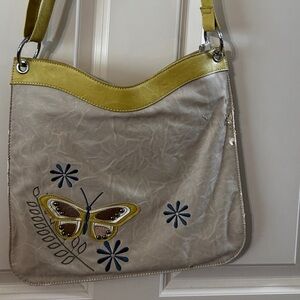 Butterfly Embroidered Beige and Yellow Shoulder Bag